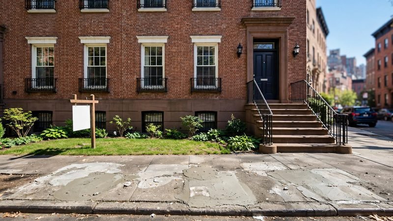 Newly repaired sidewalk in front of a New York City brick townhouse with a for-sale sign