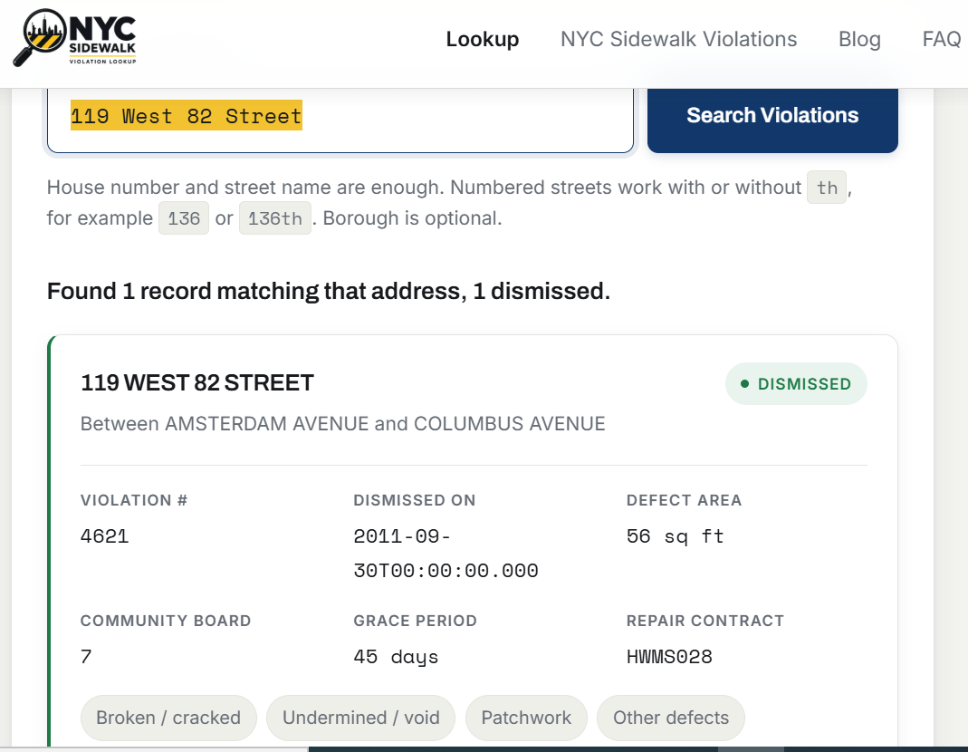 Screenshot of a dismissed sidewalk violation lookup result for 119 West 82 Street