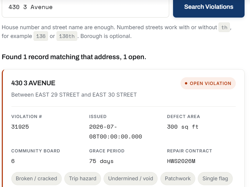 Screenshot of an open sidewalk violation lookup result for 430 3 Avenue