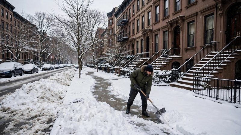 Person shoveling snow from a New York City sidewalk in front of brownstone buildings