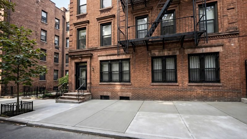 Newly repaired NYC sidewalk in front of a brick building